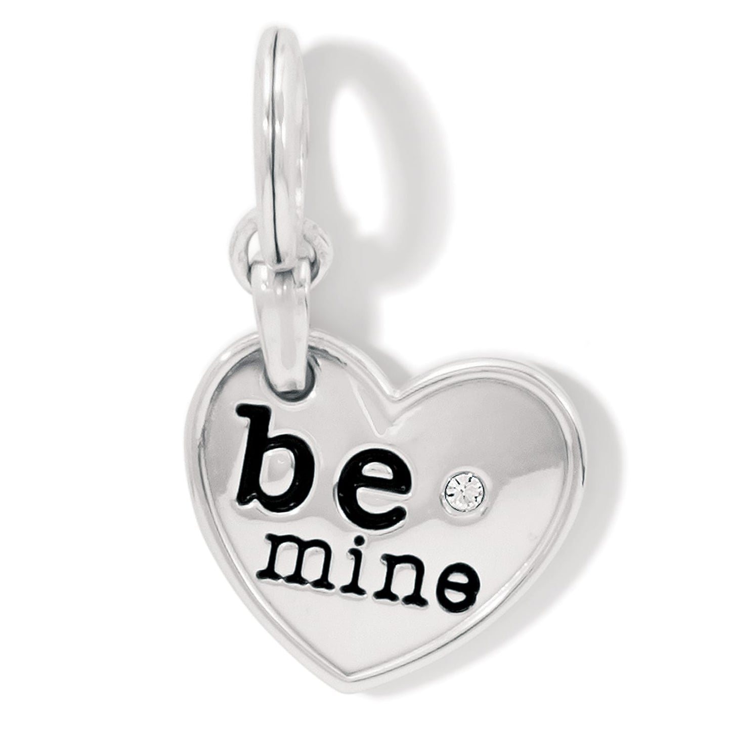 Brighton heart charm with silver-plated finish, black be mine lettering, and crystal accent on a white background
