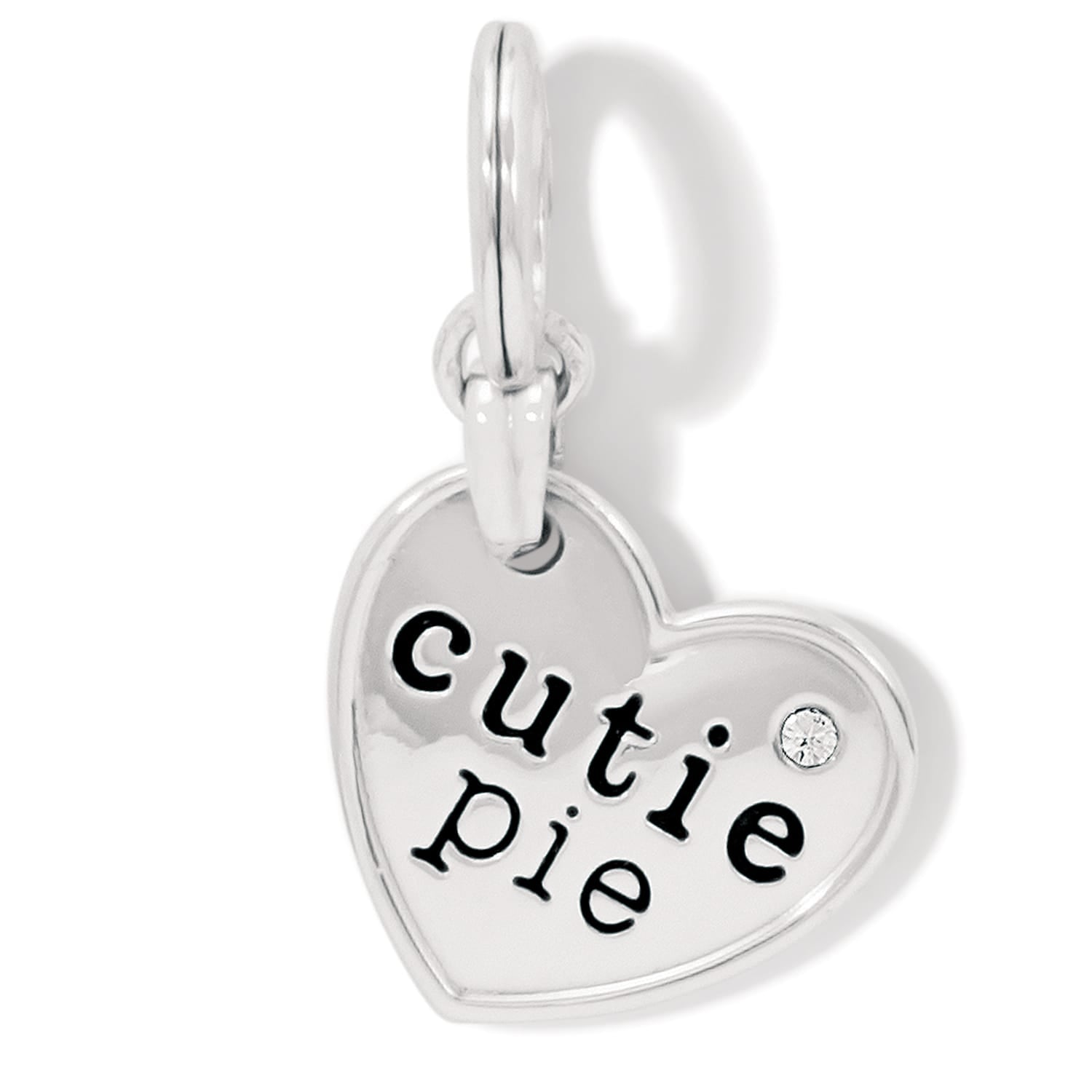Brighton heart charm with silver-plated finish, engraved cutie pie text, and small crystal accent on a white background