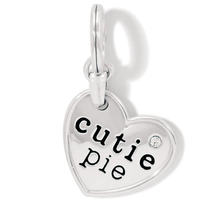 Brighton heart charm with silver-plated finish, engraved cutie pie text, and small crystal accent on a white background