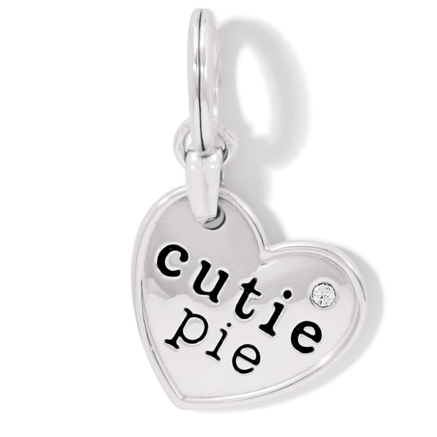 Brighton heart charm with silver-plated finish, engraved cutie pie text, and small crystal accent on a white background