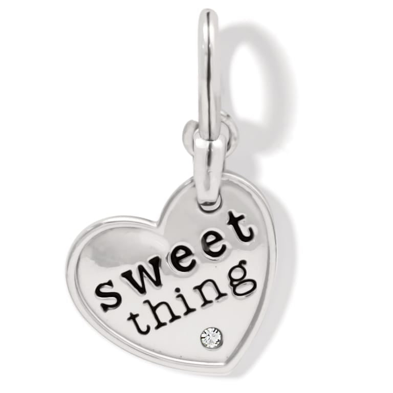 Brighton heart charm with engraved sweet thing text, crystal accent, and silver-plated finish on a white background