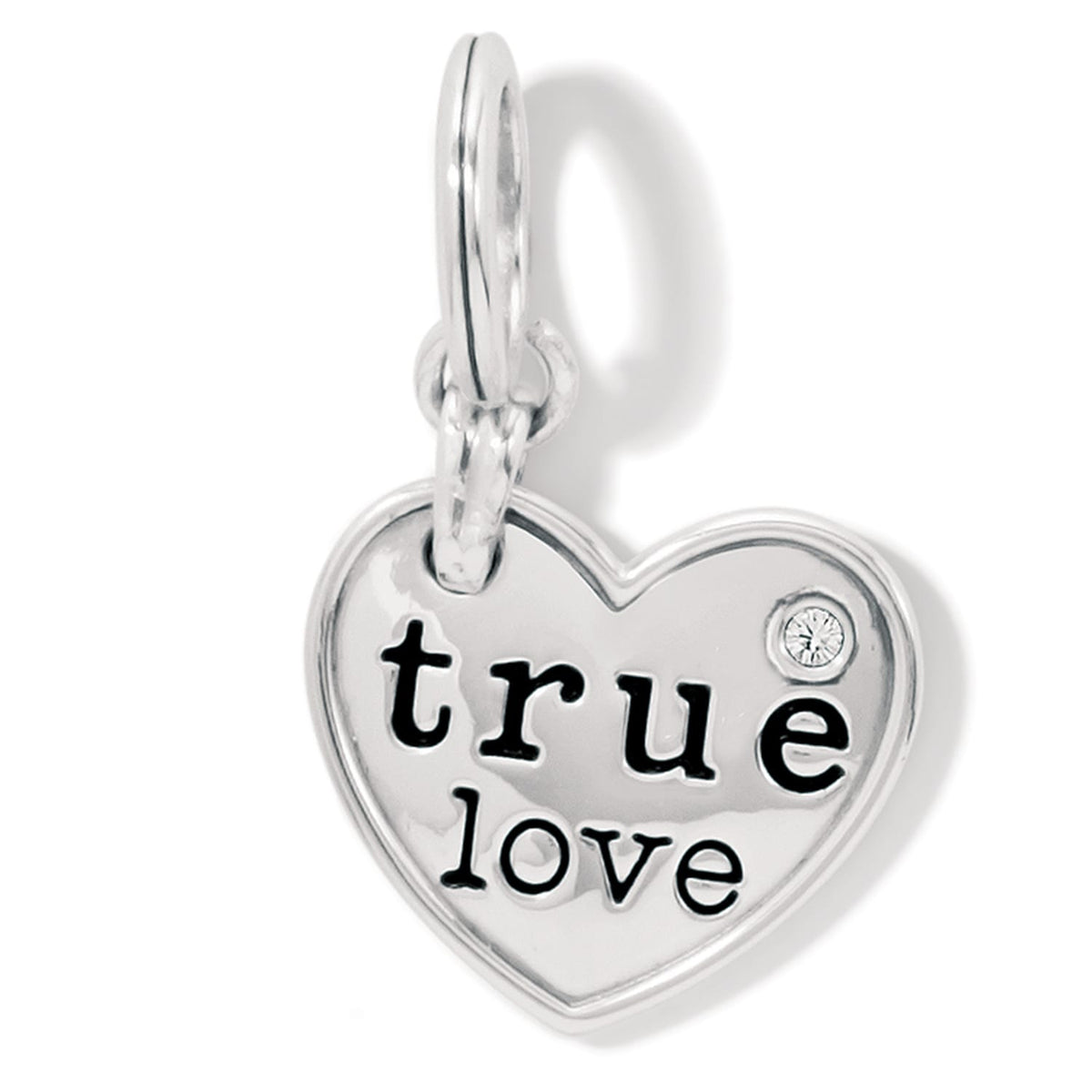 Brighton heart charm with silver-plated finish, engraved true love inscription, and small crystal accent on a white background
