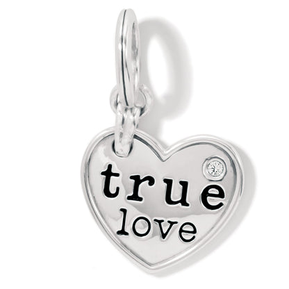 Brighton heart charm with silver-plated finish, engraved true love inscription, and small crystal accent on a white background