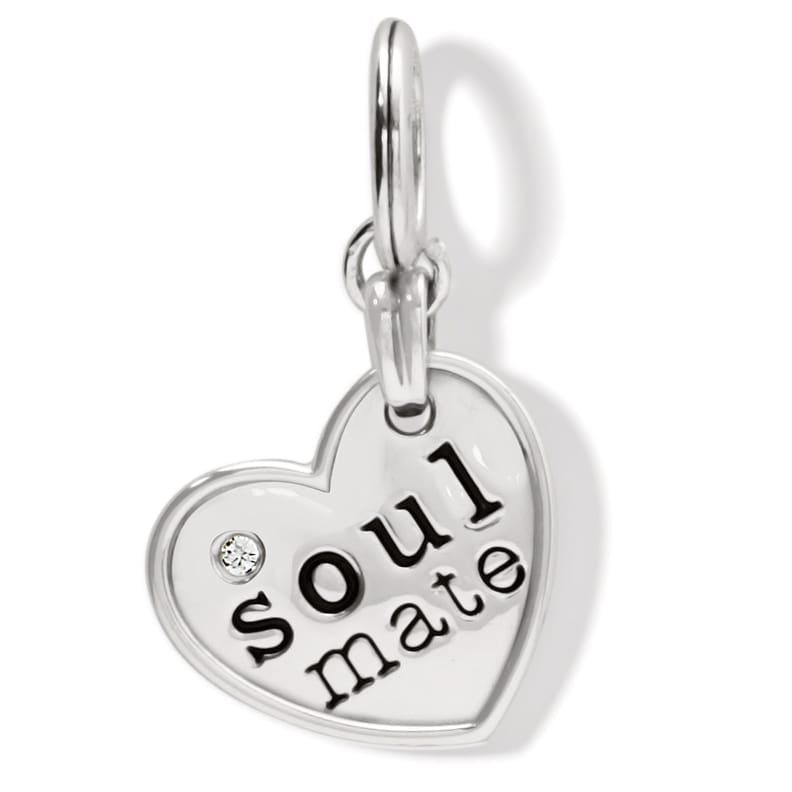 Brighton heart charm with silver-plated finish, engraved soul mate text, and crystal accent on a white background