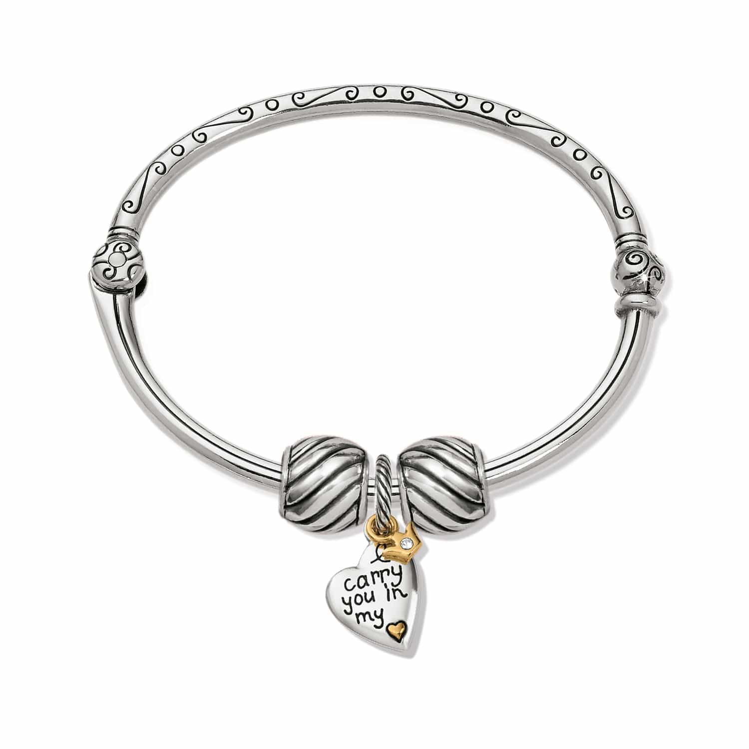 Brighton bangle bracelet with two-tone heart charm engraved with sentiment and silver ribbed beads on a white background