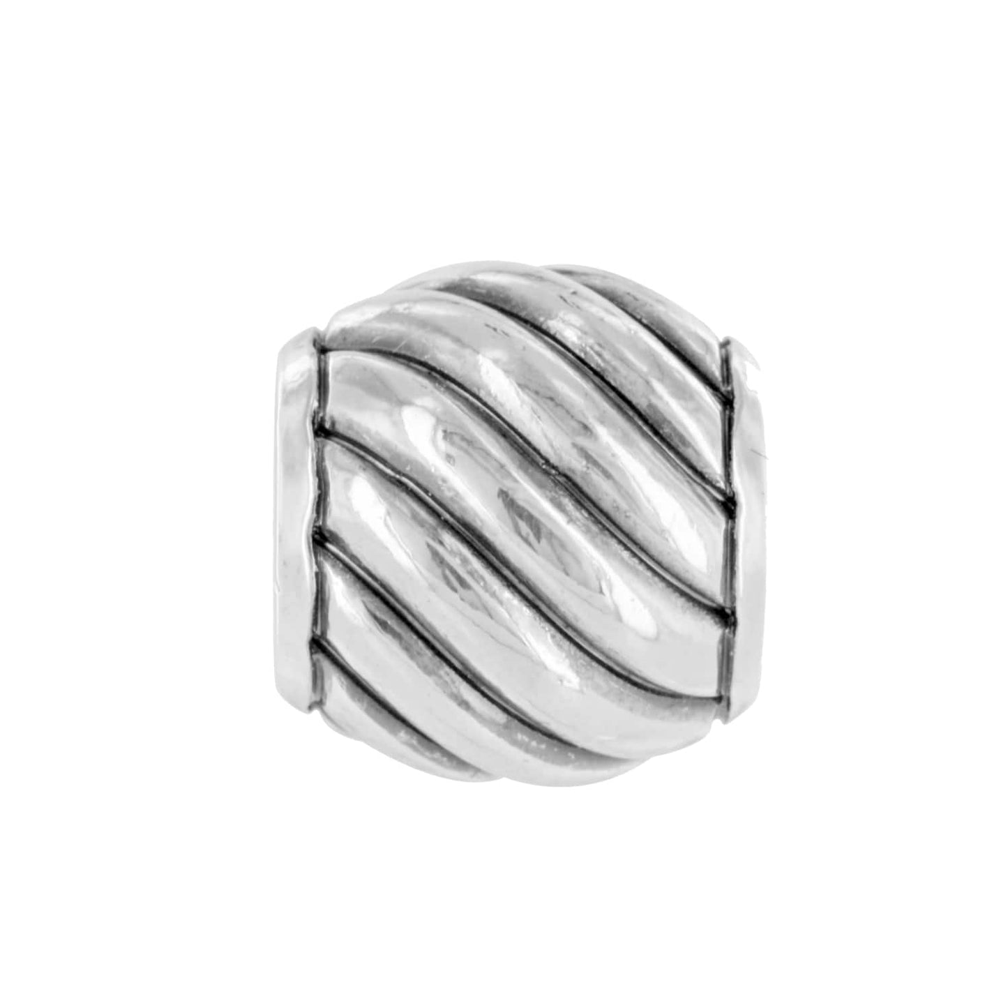 Brighton bead charm with diagonal ribbed silver-tone grooves and polished two-tone finish on a white background