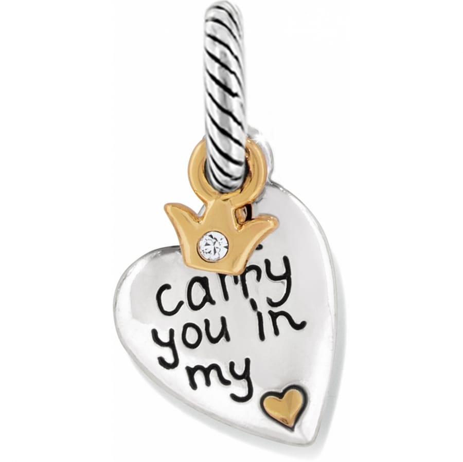 Brighton heart charm with gold-tone crown, crystal accent, and engraved carry you in my message on a white background