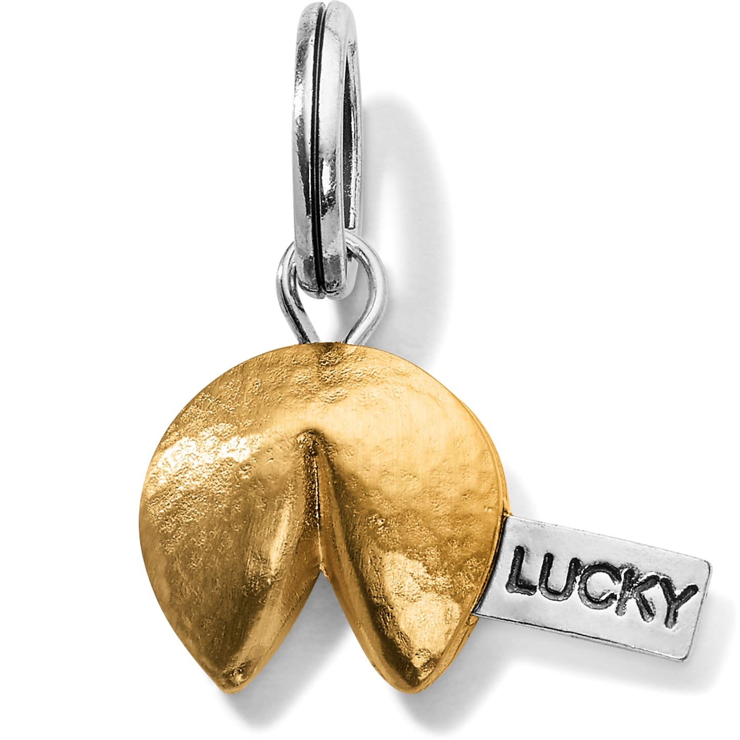 Brighton fortune cookie charm in gold-plated finish with silver-plated Lucky tag and split ring on a white background