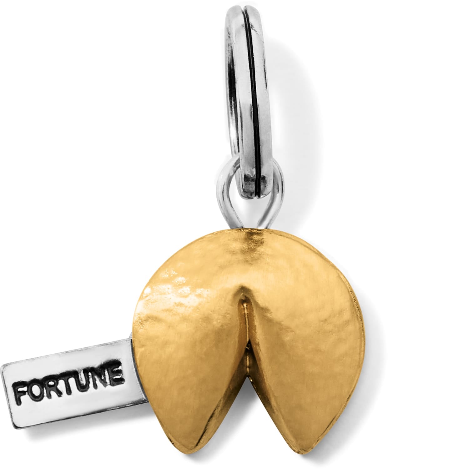 Brighton fortune cookie charm with gold-plated cookie and silver-plated fortune tab on a white background