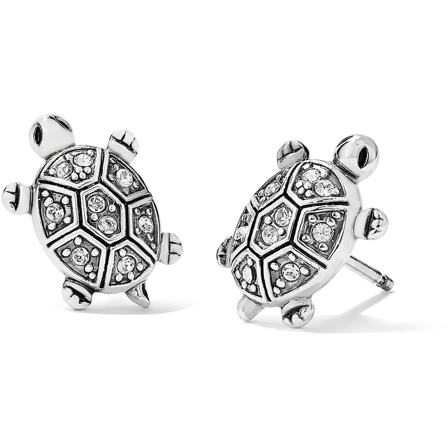 Brighton turtle stud earrings with silver-plated shells and crystal accents shown from two angles on a white background