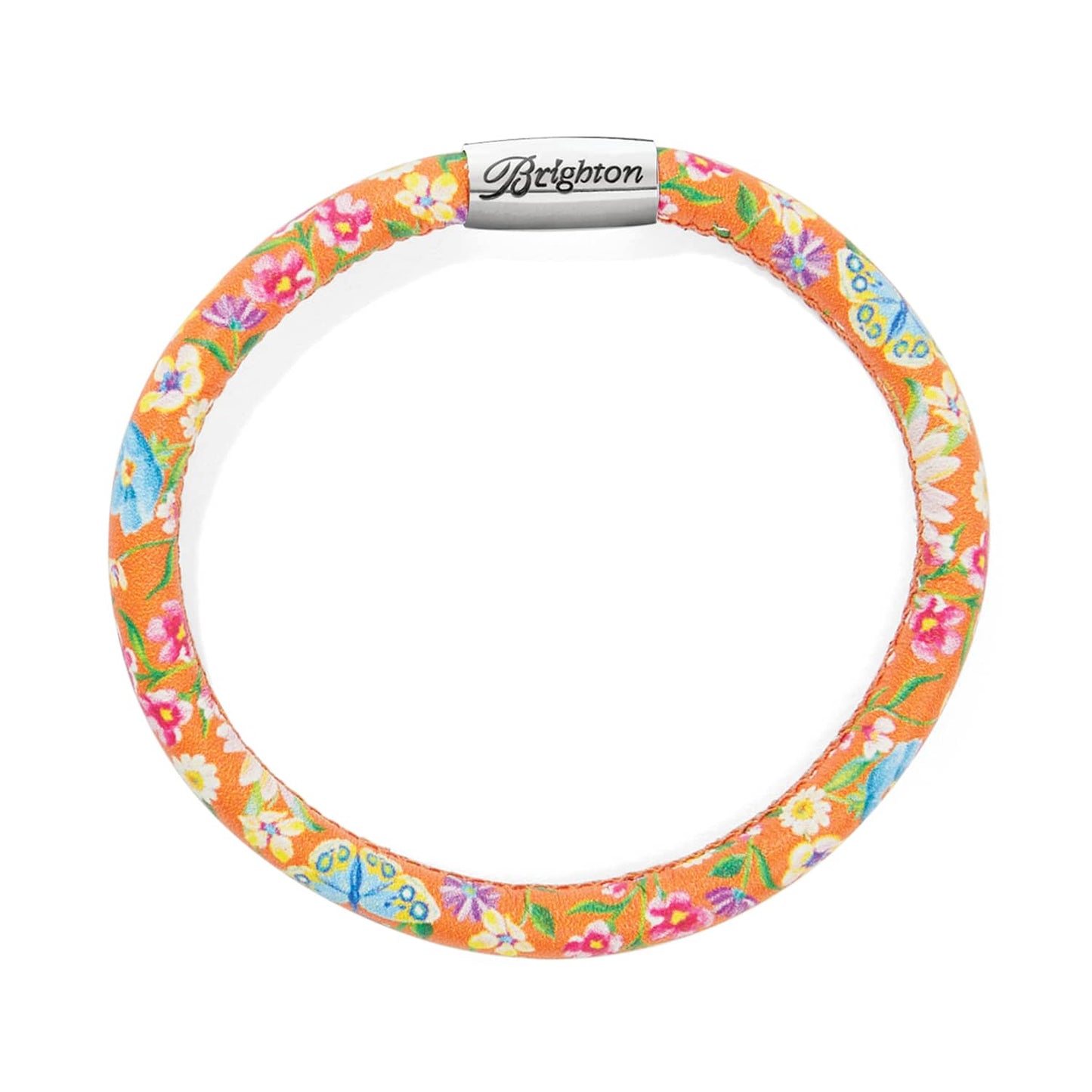 Brighton leather bracelet with orange floral and butterfly print and silver-plated magnetic clasp on a white background