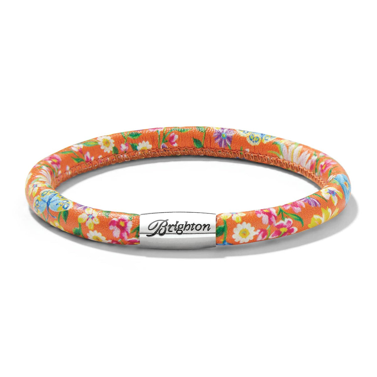 Brighton bracelet with orange floral print leather and silver-plated magnetic clasp engraved with logo on a white background
