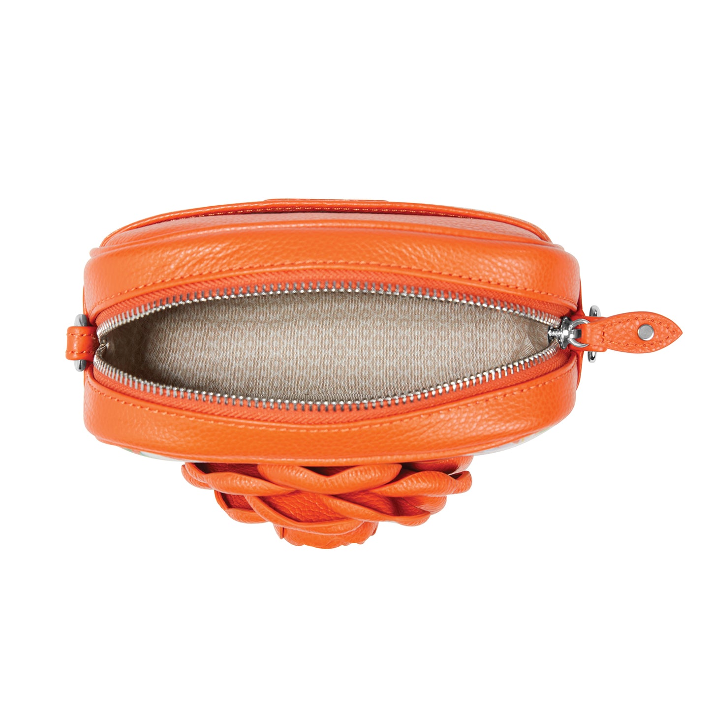 Brighton orange leather handbag shown open with silver-tone zipper, fabric lining, and braided leather detail on a white background