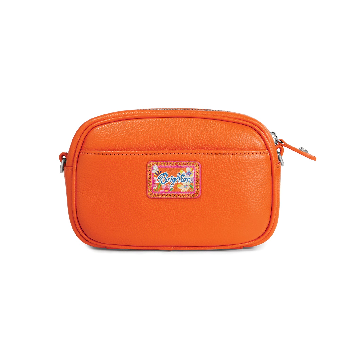 Brighton orange pebbled leather crossbody handbag with floral logo patch and silver-tone zipper on a white background