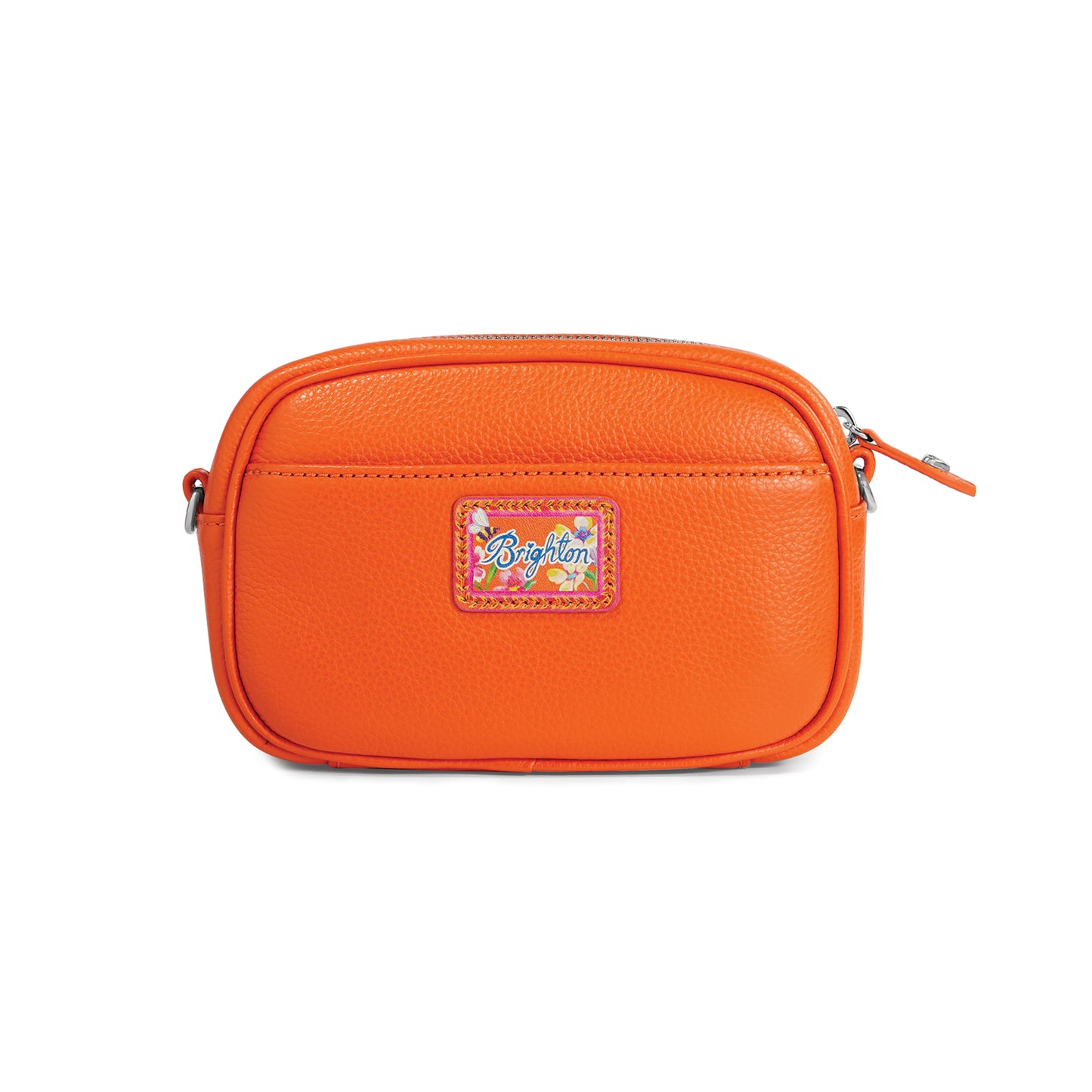 Brighton orange pebbled leather crossbody handbag with floral logo patch and silver-tone zipper on a white background
