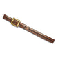 Brighton brown leather belt with tooled scroll pattern and gold-tone rectangular buckle on a white background