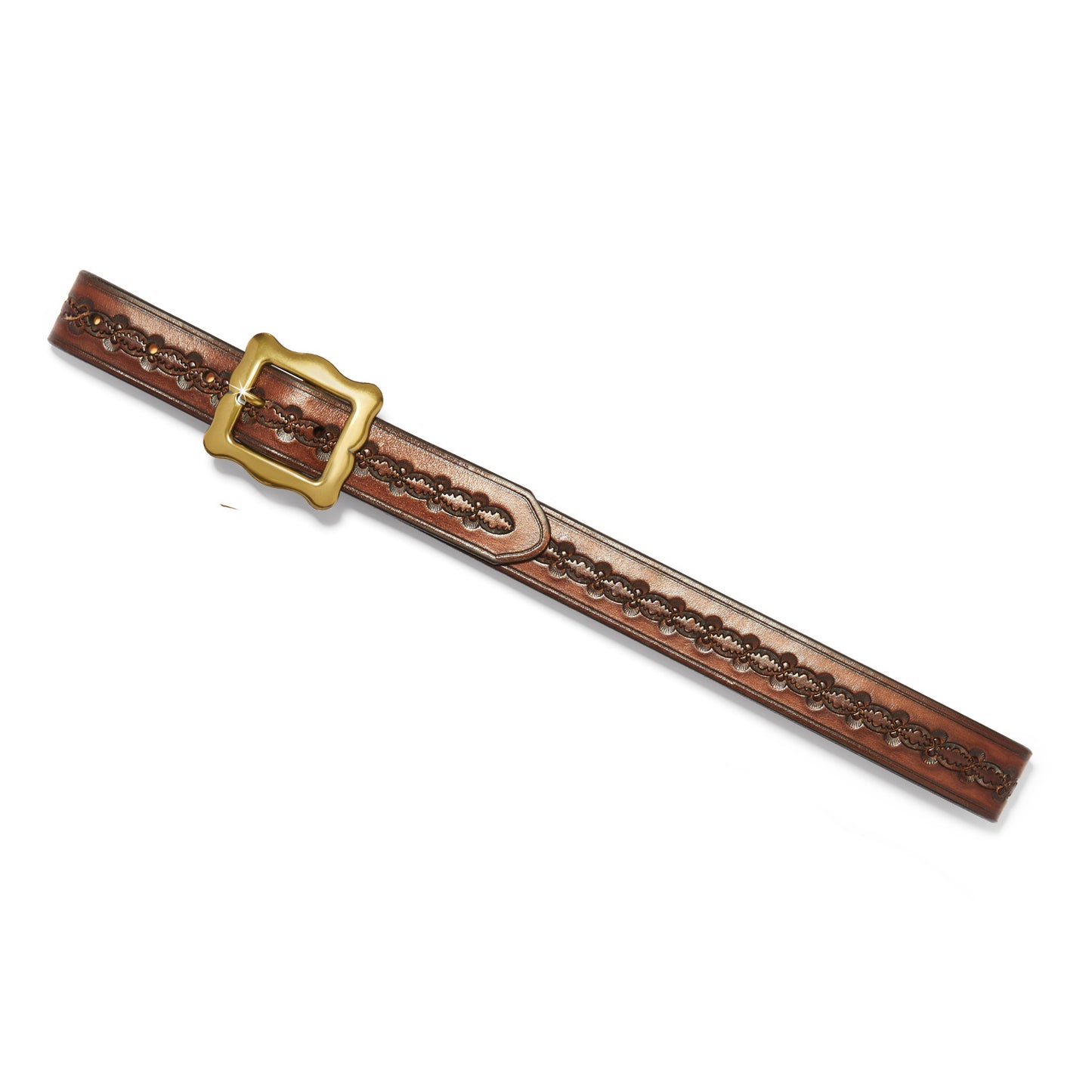 Brighton brown leather belt with tooled scroll pattern and gold-tone rectangular buckle on a white background