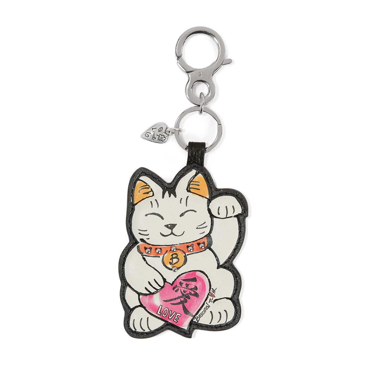 Brighton leather bag charm with illustrated lucky cat holding pink heart and silver-tone clasp on a white background