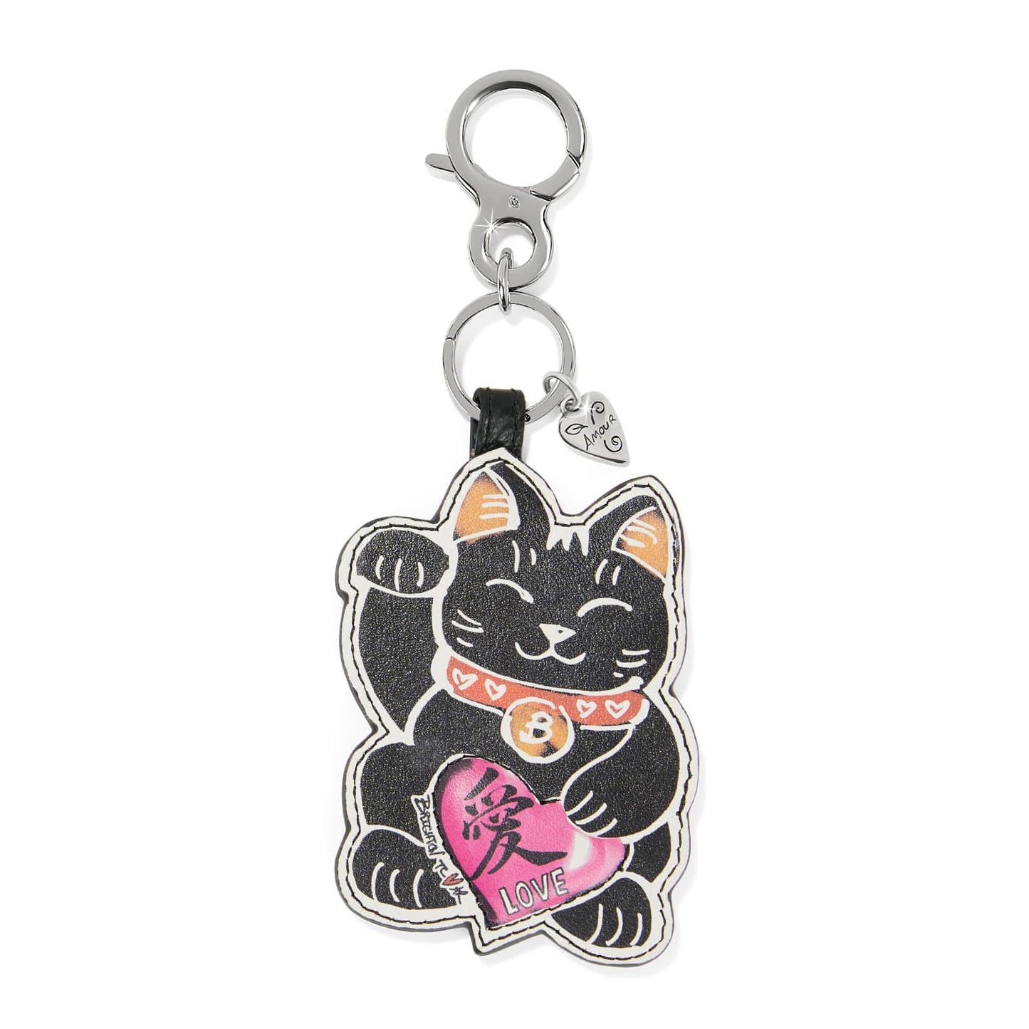 Brighton leather bag charm with illustrated black lucky cat print holding a pink heart on a white background