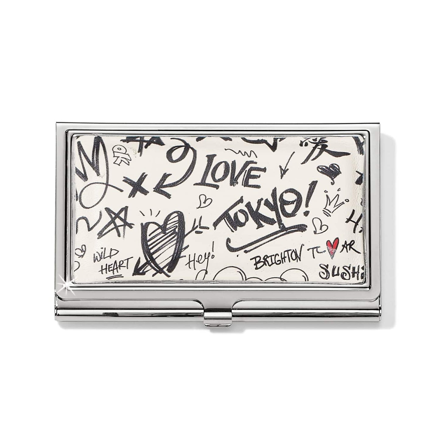 Brighton business card case with silver-tone frame and black graffiti-style print featuring hearts and text on a white background