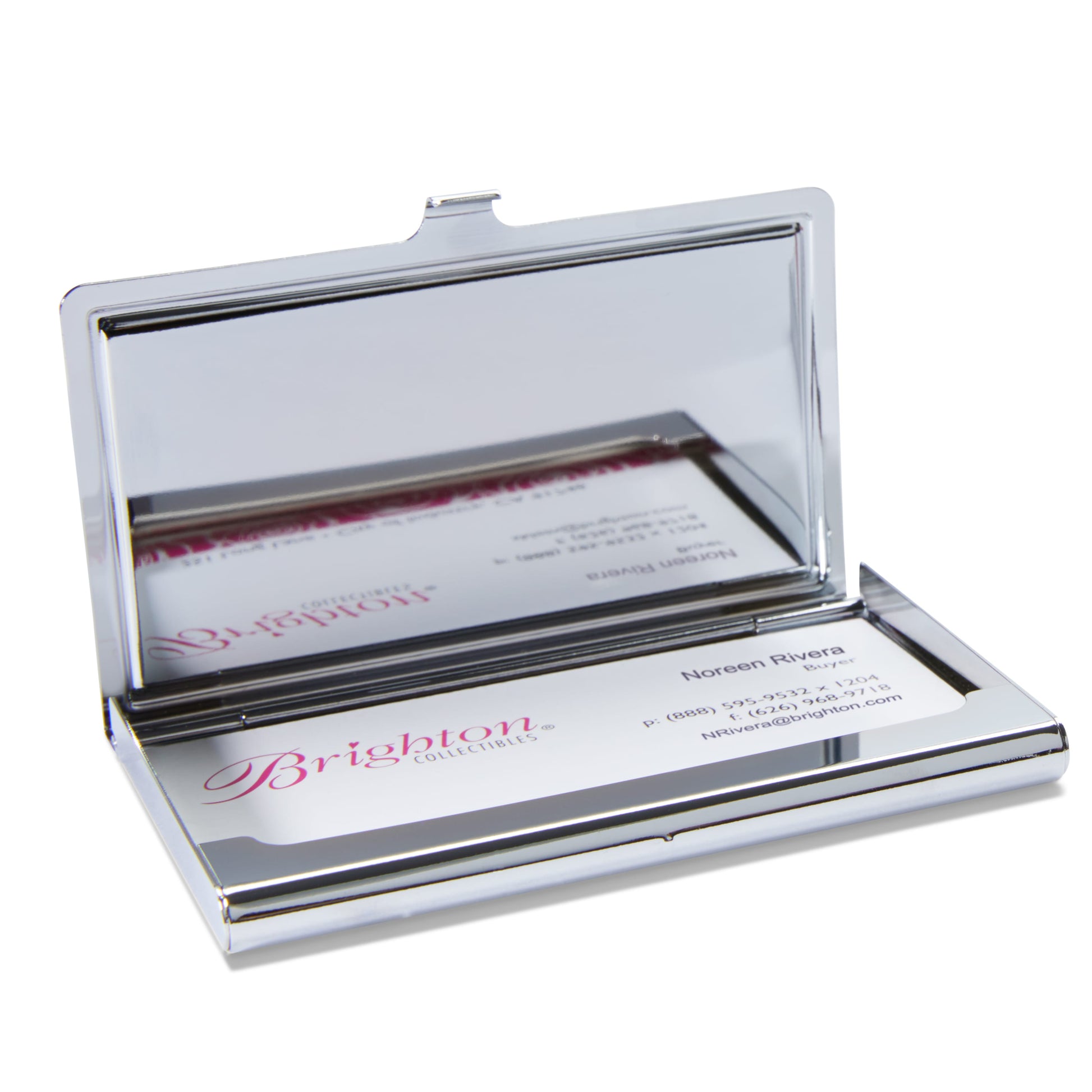 Brighton business card holder shown open with silver-tone metal case and Brighton Collectibles cards inside on a white background