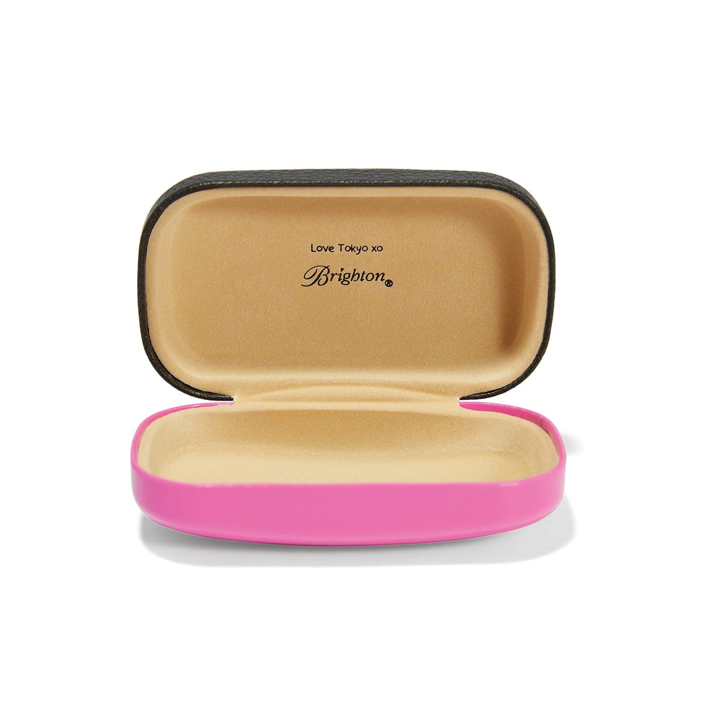 Brighton sunglasses case shown open with black exterior, tan interior lining, and pink base on a white background