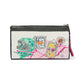 Brighton wristlet pouch with illustrated Tokyo travel print, black trim, and pink tassel on a white background