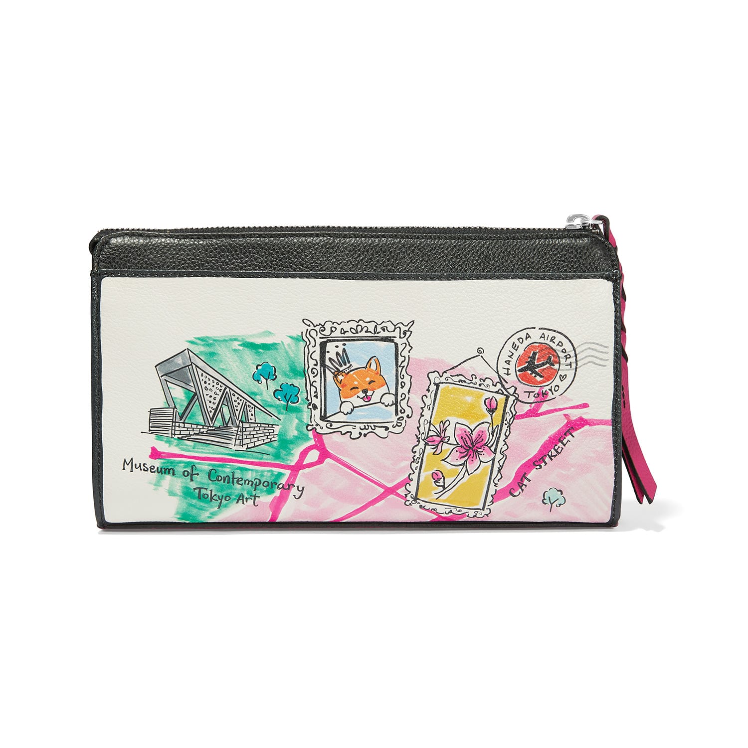 Brighton wristlet pouch with illustrated Tokyo travel print, black trim, and pink tassel on a white background