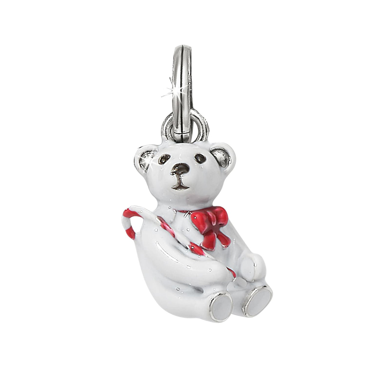 Brighton teddy bear charm with white enamel, red bow, candy cane, and silver-plated finish on a white background