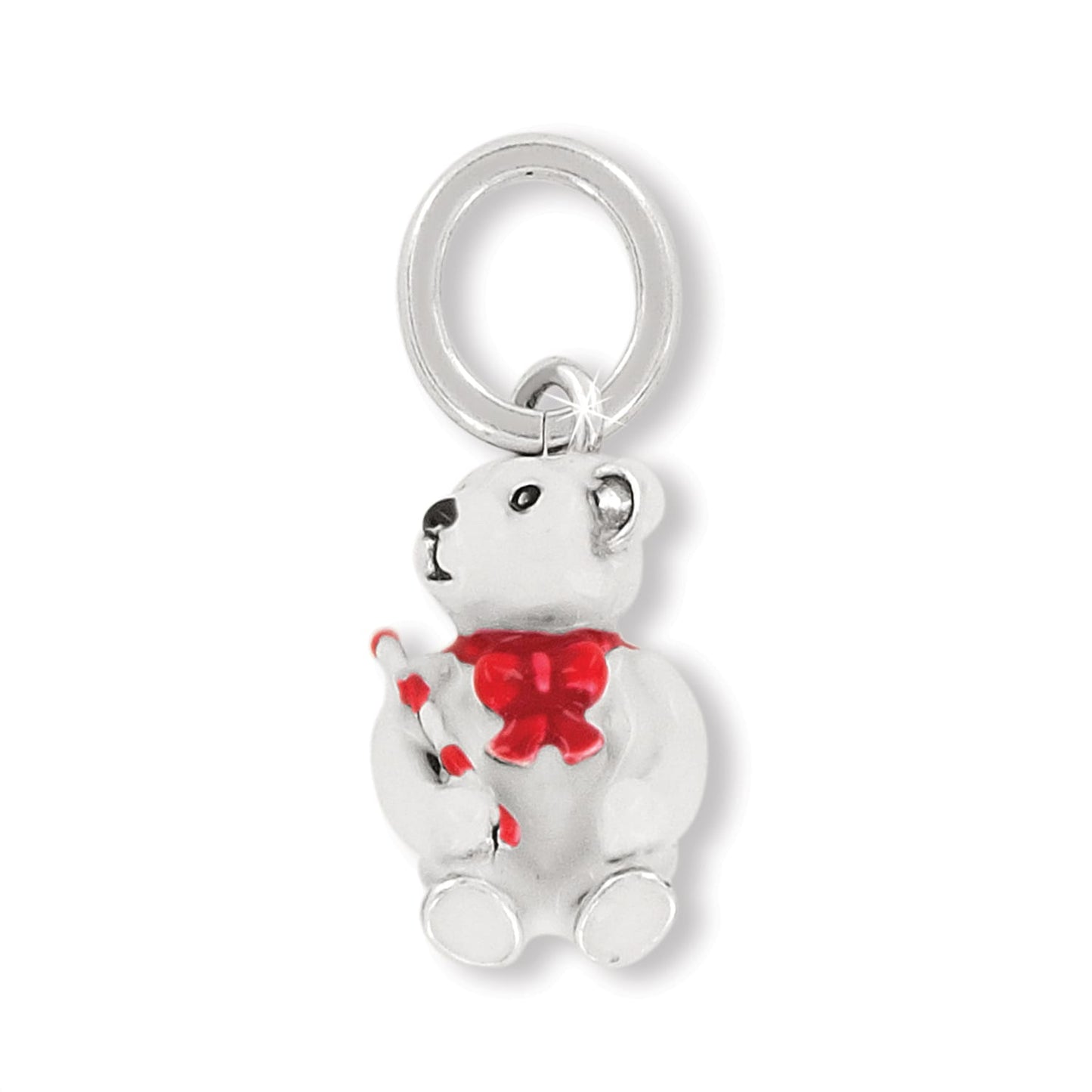 Brighton teddy bear charm with silver-plated finish, red enamel bow, and candy cane on a white background