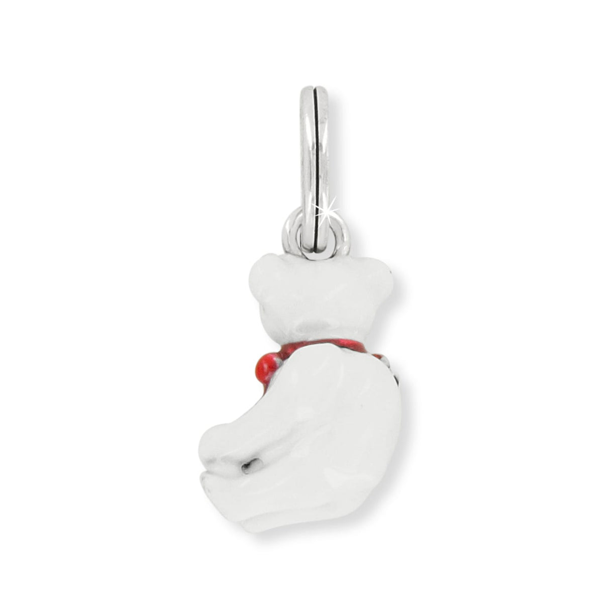 Brighton teddy bear charm with white enamel finish, red accent, and silver-plated bail on a white background