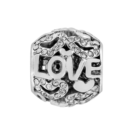 Brighton silver-plated charm bead with openwork Love lettering, heart accents, and pave crystals on a white background