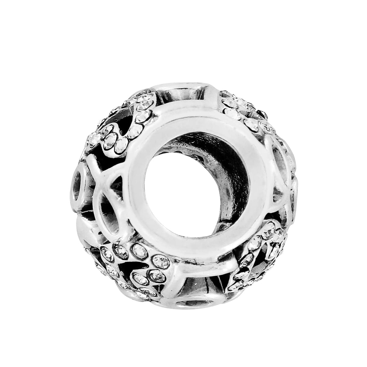 Brighton silver-plated charm with openwork infinity design and crystal accents around the outer edge on a white background