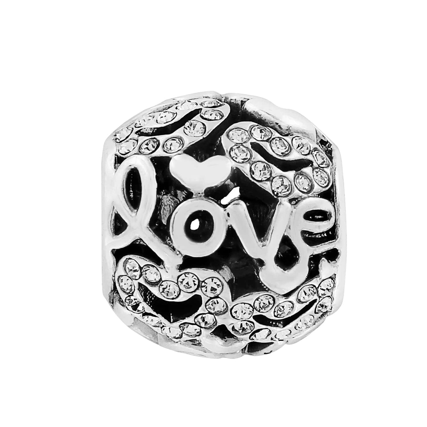 Brighton charm with silver-plated love script, heart cutouts, and crystal pave accents on a white background