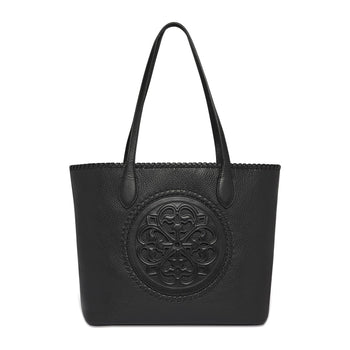 Brighton black leather tote handbag with embossed medallion design and whipstitched edges on a white background