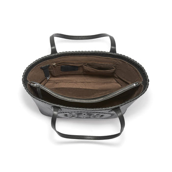 Brighton black handbag interior view showing brown suede lining, zip pocket, and dual straps on a white background