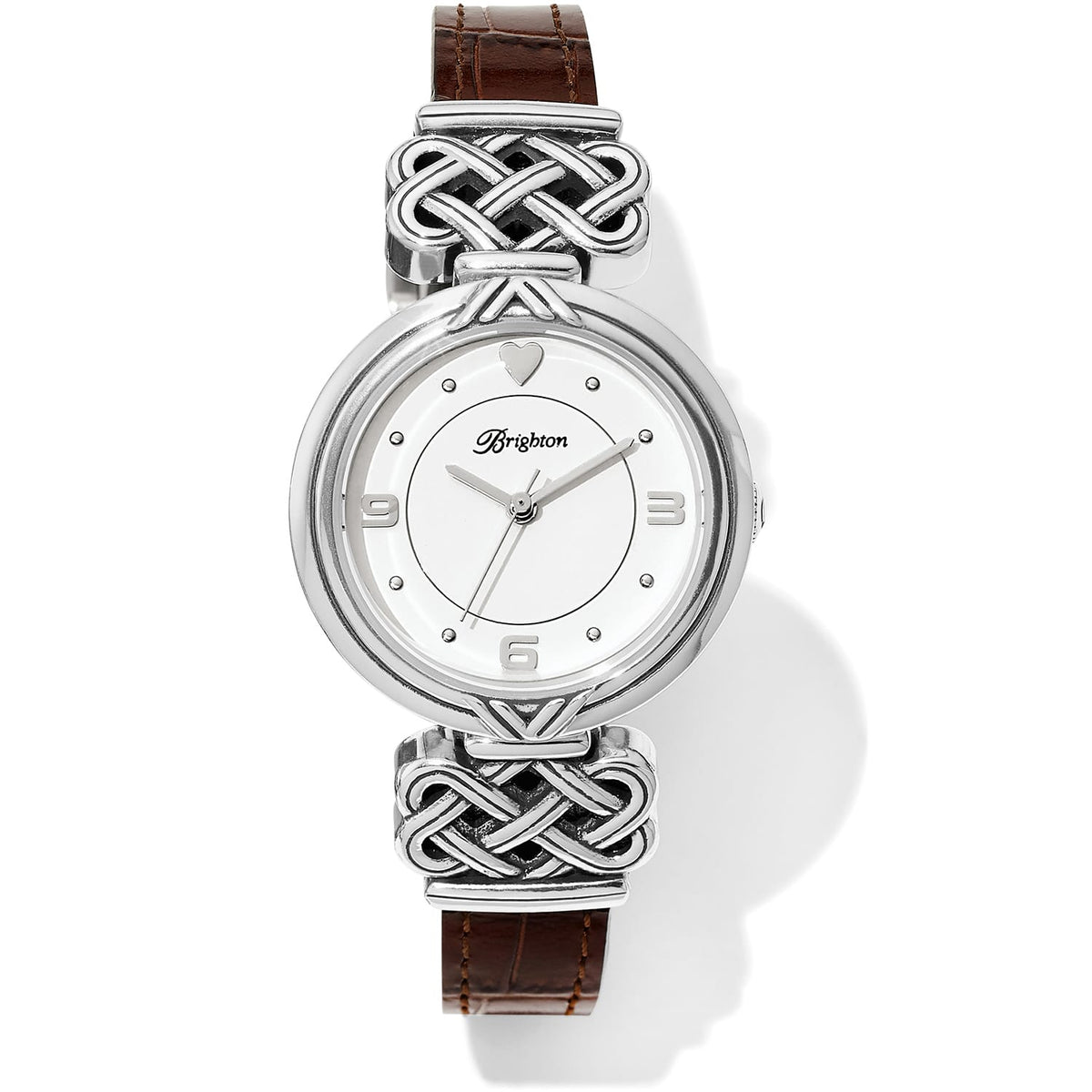 Brighton watch with silver-plated woven knot lugs, white dial, and brown leather strap on a white background
