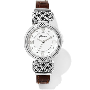 Brighton watch with silver-plated woven knot lugs, white dial, and brown leather strap on a white background