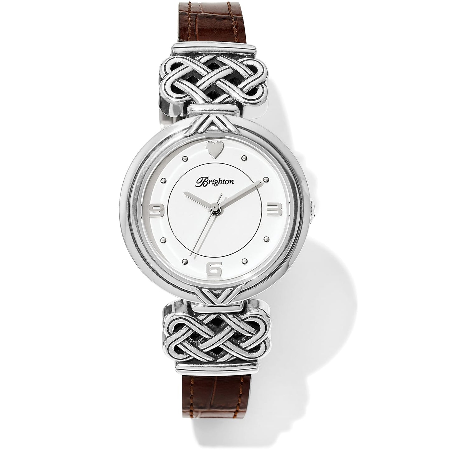 Brighton watch with silver-plated woven knot lugs, white dial, and brown leather strap on a white background