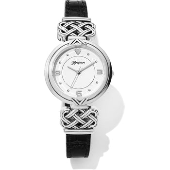 Brighton watch with silver-plated interwoven knot accents, black leather strap, and white dial on a white background
