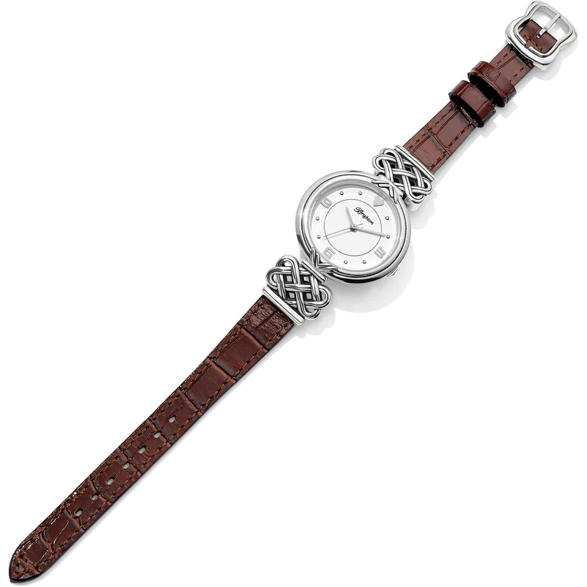 Brighton watch with brown leather strap, silver-plated woven knot accents, and round white dial on a white background