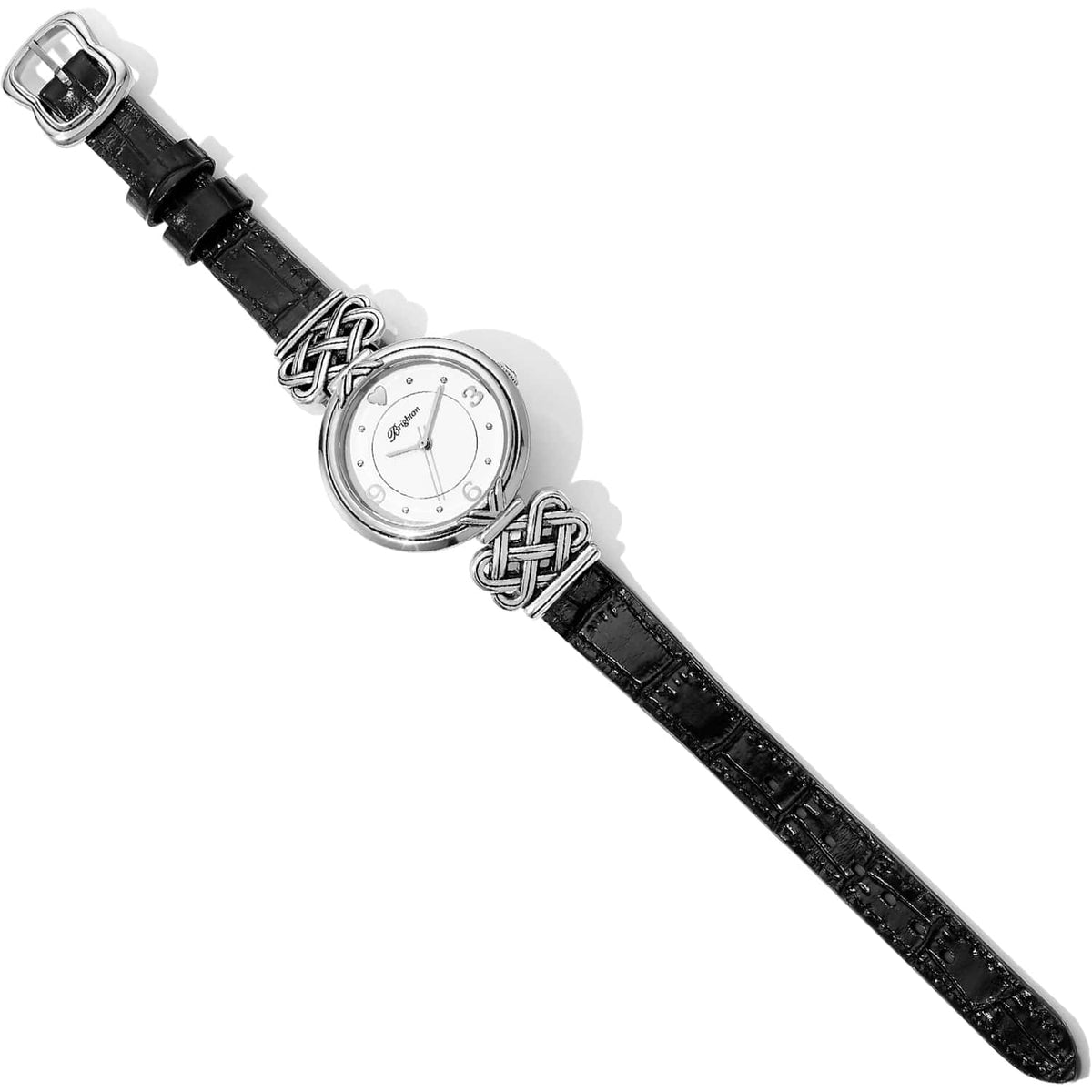 Brighton watch with black leather strap, white dial, and silver-plated woven knot accents on a white background
