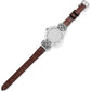 Brighton watch shown from the back with brown leather strap and silver-plated woven accents on a white background