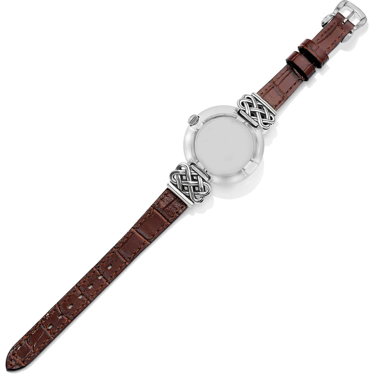 Brighton watch shown from the back with brown leather strap and silver-plated woven accents on a white background