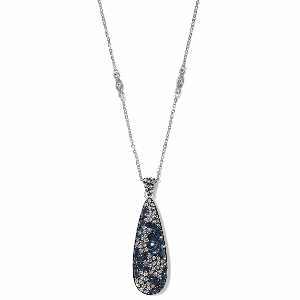 Brighton pendant necklace with silver-plated chain and teardrop pendant featuring blue and clear crystals on a white background