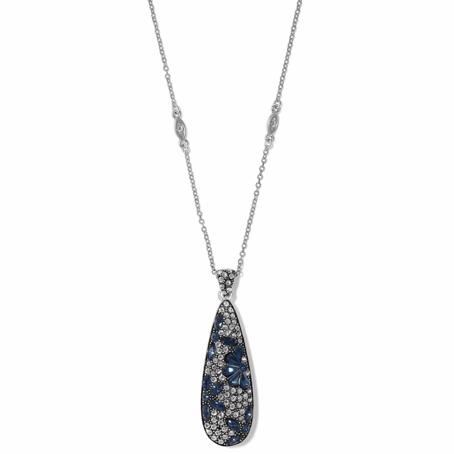 Brighton pendant necklace with silver-plated chain and teardrop pendant featuring blue and clear crystals on a white background