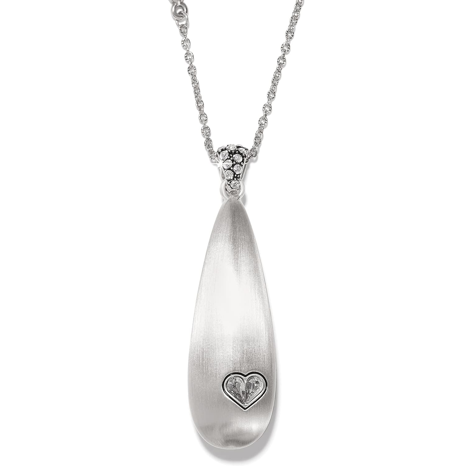 Brighton pendant necklace with silver-plated teardrop, crystal-accented bail, and small crystal heart detail on a white background
