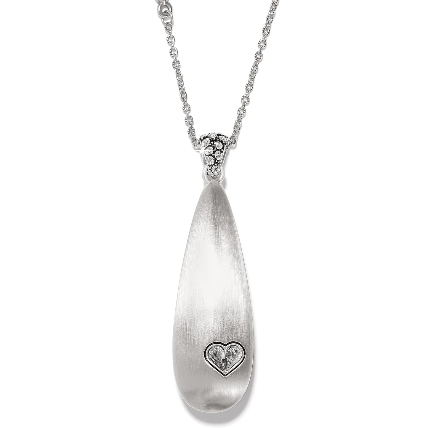 Brighton pendant necklace with silver-plated teardrop, crystal-accented bail, and small crystal heart detail on a white background
