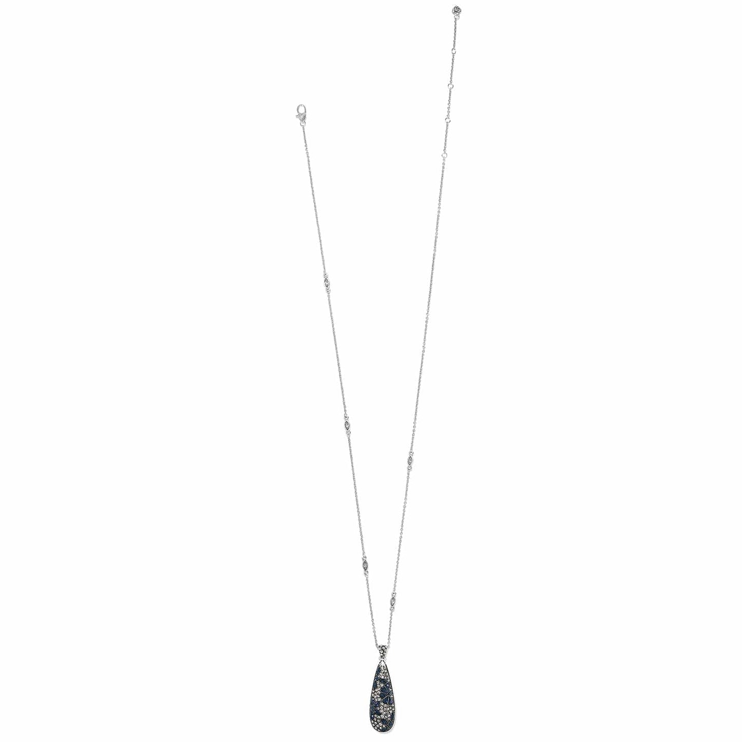 Brighton pendant necklace with silver-plated chain and elongated teardrop pendant featuring blue and clear crystals on a white background