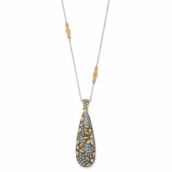 Brighton pendant necklace with silver and gold-tone chain and teardrop crystal floral pendant on a white background